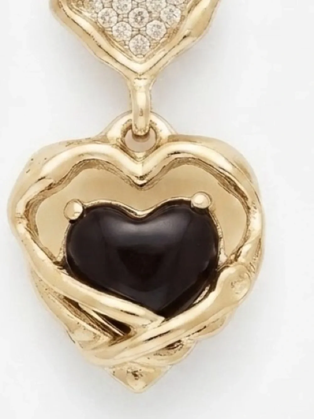 Gold Tone Heart Drop Earrings with Black Heart Center